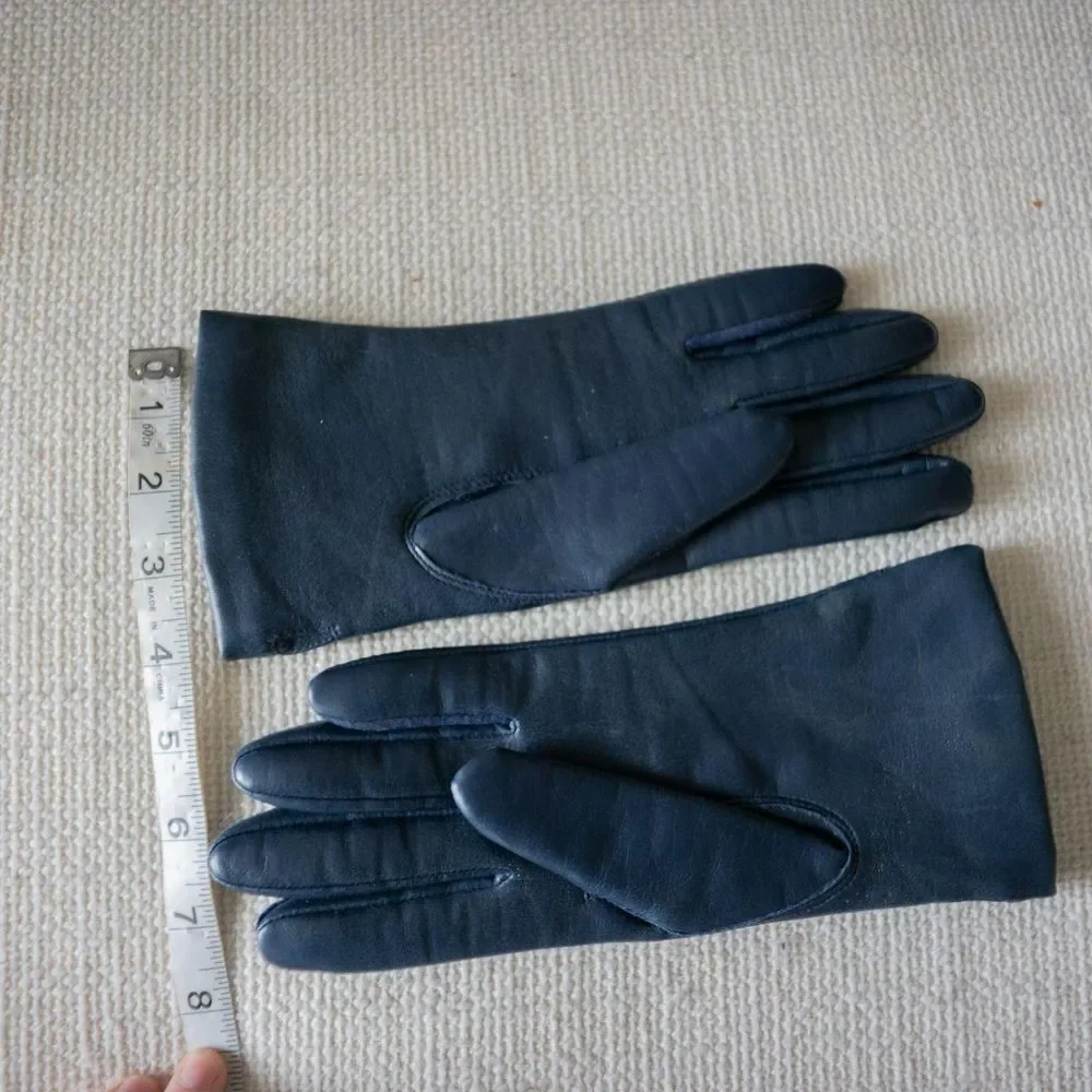 Vintage Navy Vinyl Leather Winter Retro Embossed Lined Women's Gloves